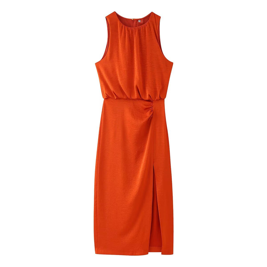 Spring Women Clothing Pleated Decorative Silk Satin Texture Dress CHEN