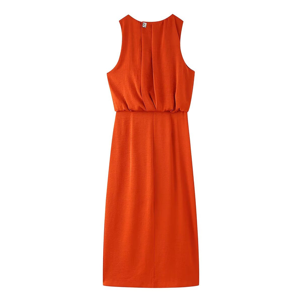 Spring Women Clothing Pleated Decorative Silk Satin Texture Dress CHEN