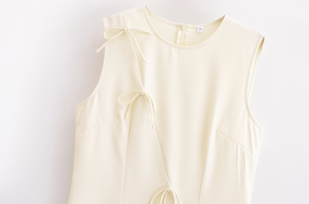 Spring Women Clothing Minimalist Bowknot Lace up Crew Neck Dress SenDa
