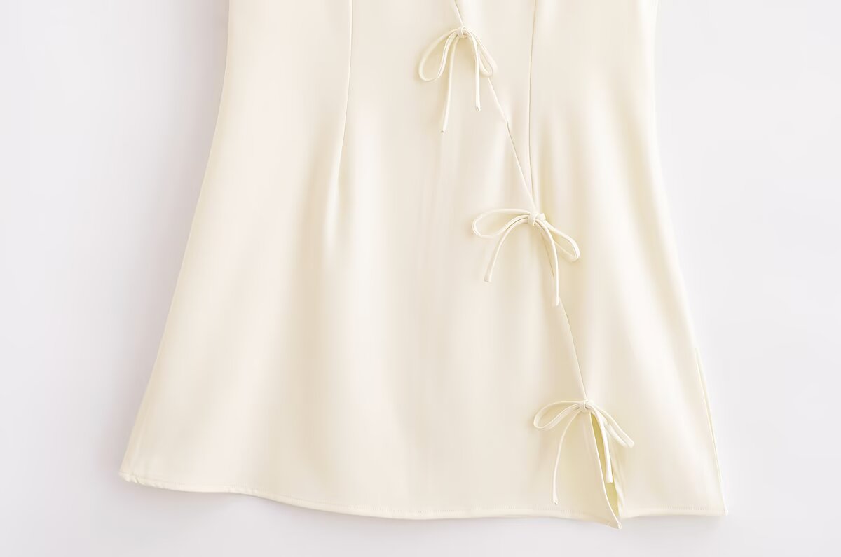 Spring Women Clothing Minimalist Bowknot Lace up Crew Neck Dress SenDa