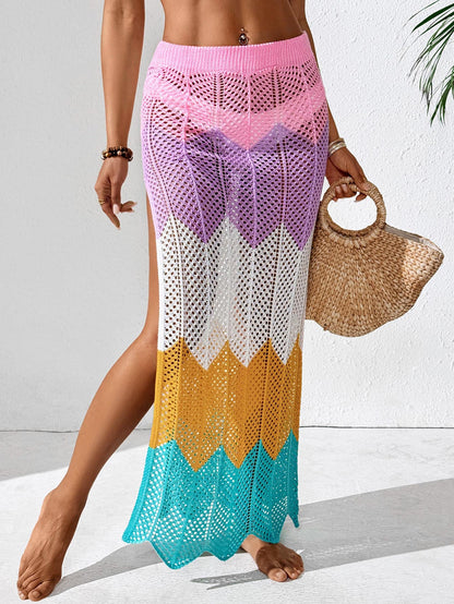 Women Beach Dress Women Clothing Color Contrast Patchwork Wave Pattern Sexy Slit Skirt