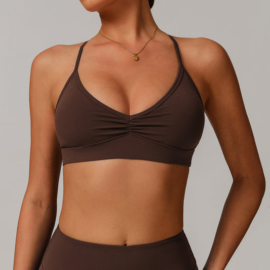 Soutien-gorge de yoga Sollinarry à col V, dos croisé, amincissant et plissé, sous-vêtement de sport pour la course et l'entraînement.