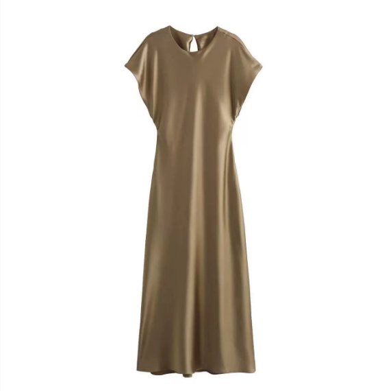Robe en satin sans manches, robe midi décontractée en satin de soie uni à col en V