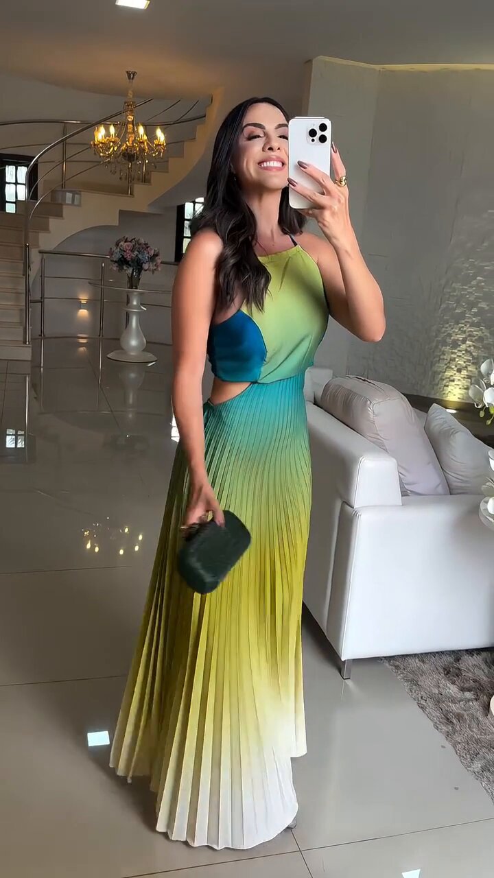 Women Clothing Elegant Halter Pleated Gradient Color Dress Maxi Dress Fifiant
