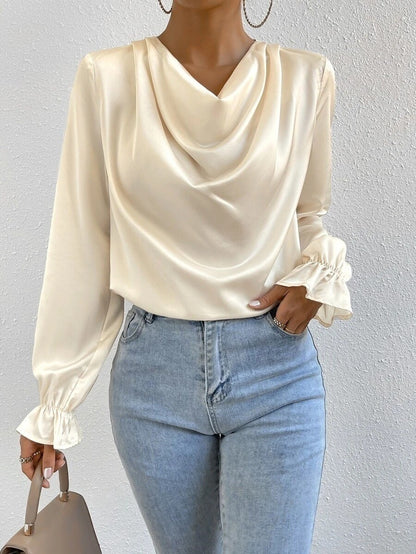 Women Clothing Ruffled Sleeve Satin Shirt Autumn Arrival Long Sleeve Satin Shirt