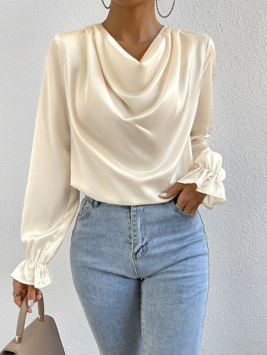 Women Clothing Ruffled Sleeve Satin Shirt Autumn Arrival Long Sleeve Satin Shirt