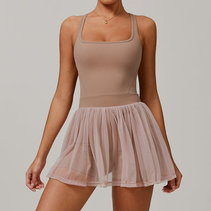 Faux Two Pieces Sustainable Recycled Dress Mesh Breathable Quick Drying Sports Running Anti Exposure Tennis Dress