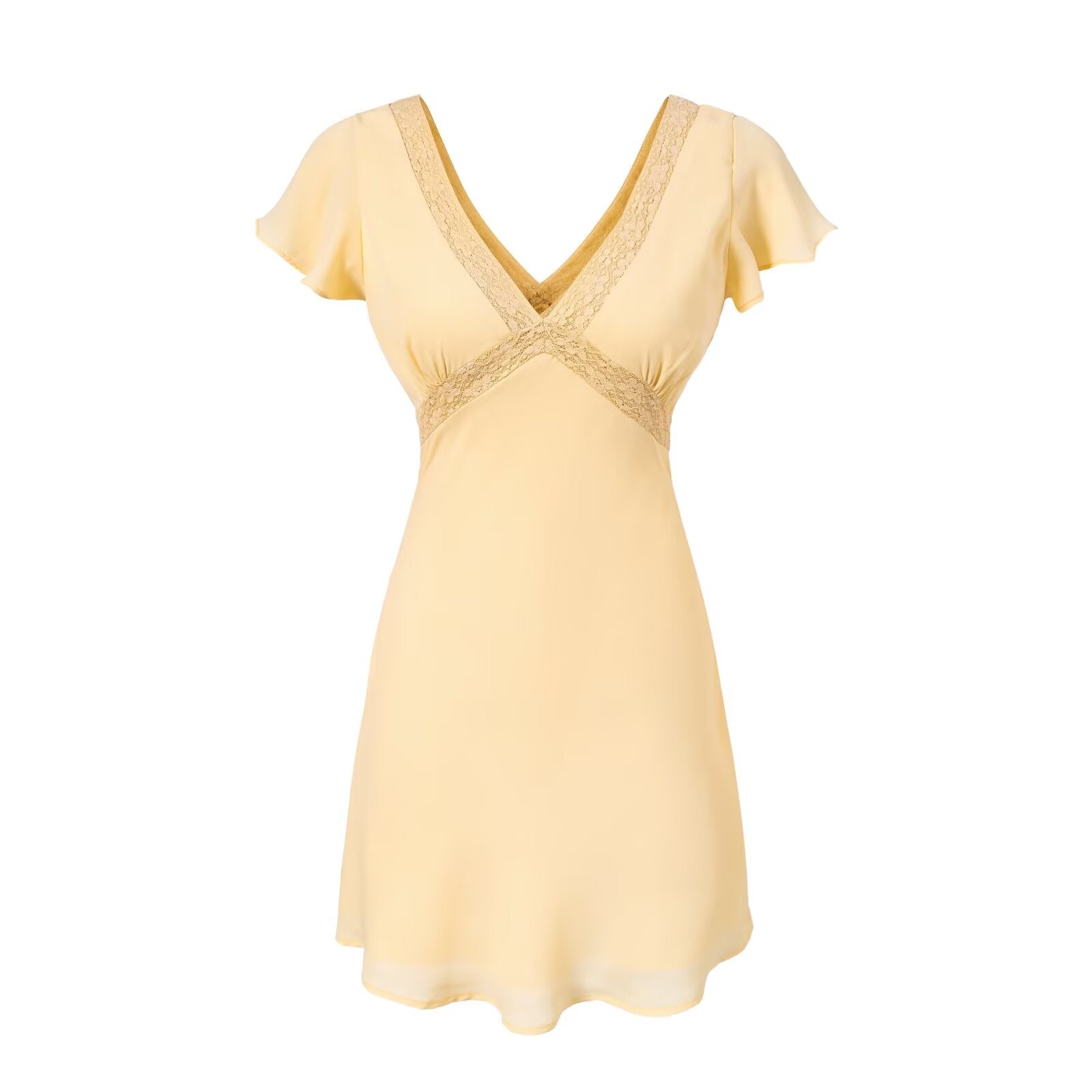 Spring Retro Debutante Classical Lace Stitching V neck Short Sleeve Dress PullWind