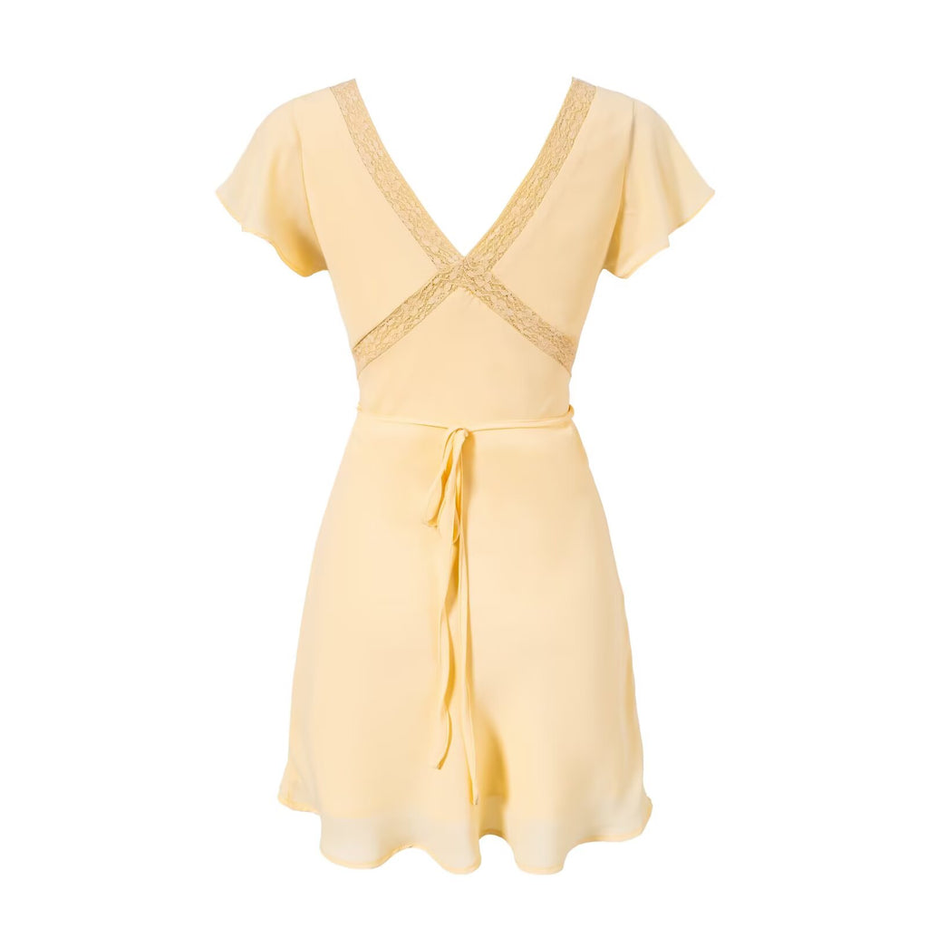 Spring Retro Debutante Classical Lace Stitching V neck Short Sleeve Dress PullWind