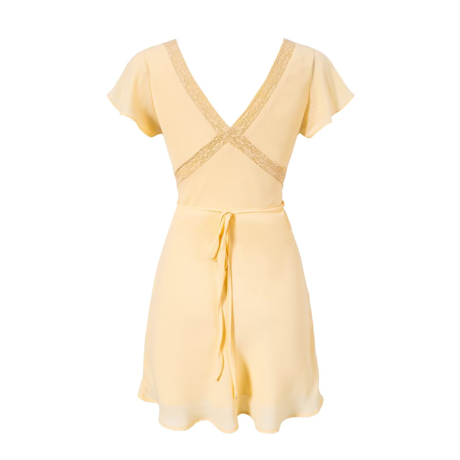 Spring Retro Debutante Classical Lace Stitching V neck Short Sleeve Dress PullWind