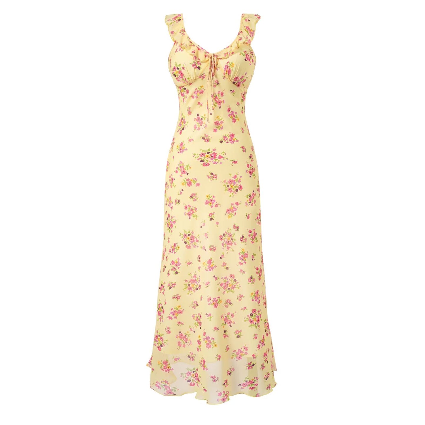 V neck Ruffled Bow Tie Shoulder Floral Suspender Tight Waist Slim Seaside Vacation Dress PullWind