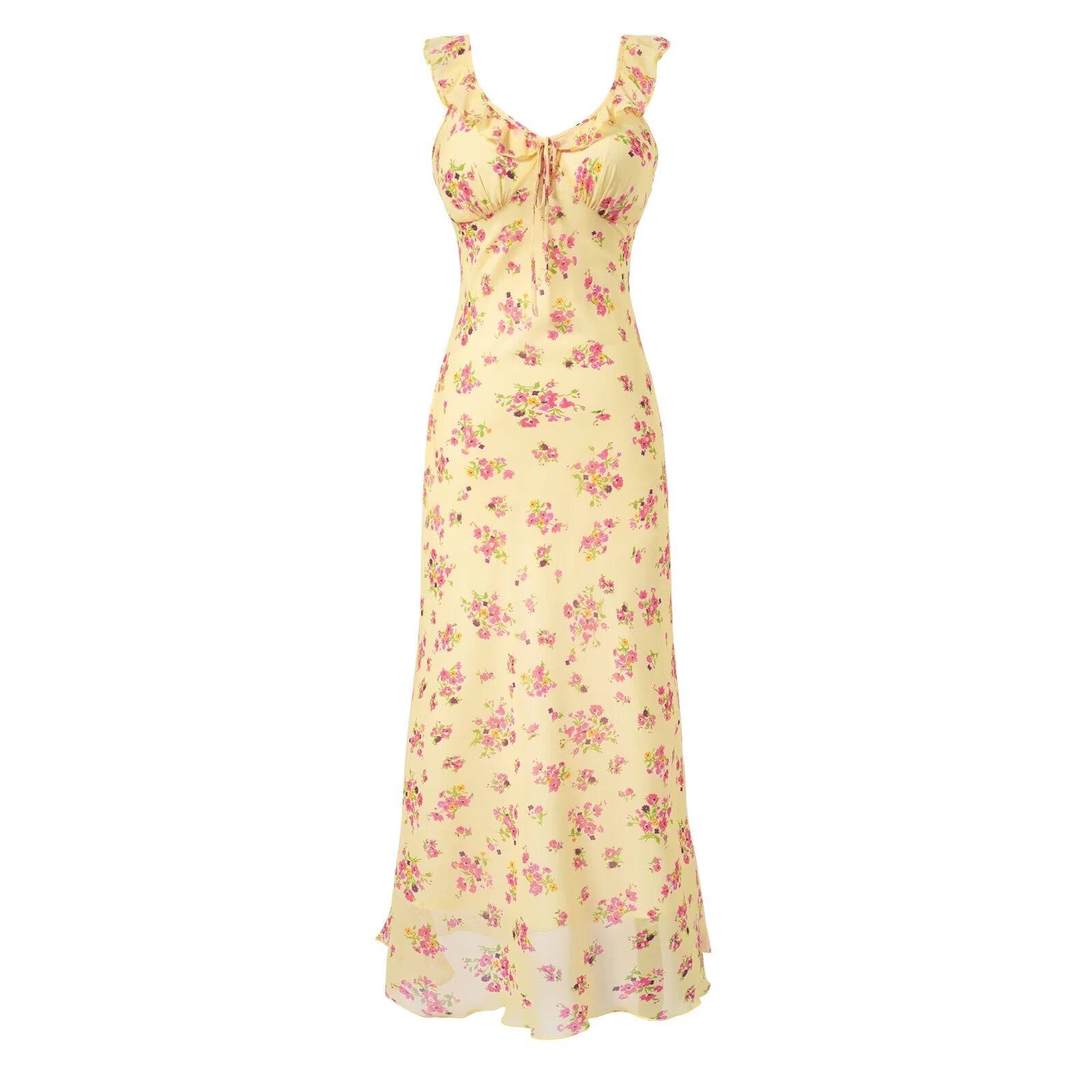 V neck Ruffled Bow Tie Shoulder Floral Suspender Tight Waist Slim Seaside Vacation Dress PullWind
