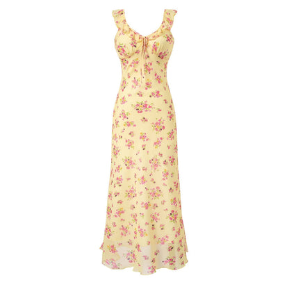 V neck Ruffled Bow Tie Shoulder Floral Suspender Tight Waist Slim Seaside Vacation Dress PullWind