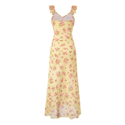 V neck Ruffled Bow Tie Shoulder Floral Suspender Tight Waist Slim Seaside Vacation Dress PullWind
