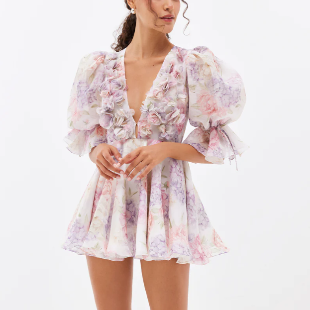 Robe sexy en mousseline de soie à fleurs tridimensionnelles printemps-été
