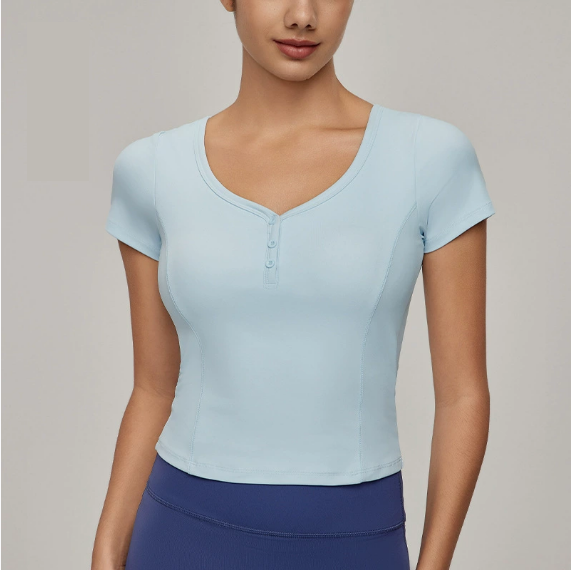 Camiseta de yoga ajustada para mujer, estilo princesa, cintura ajustada, deportiva, de manga corta, con cuello melocotón, top ajustado para fitness
