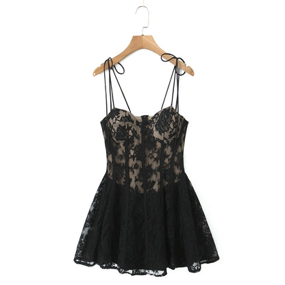 Spring Summer Women Clothing Sexy Sexy Lace Patchwork Waist Slimming Sling Dress