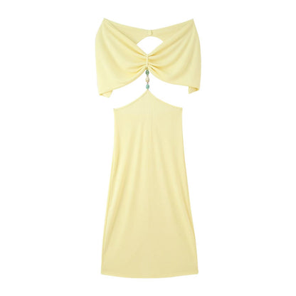 Women Clothing French Simple Sexy Backless Beads Dress