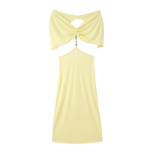 Women Clothing French Simple Sexy Backless Beads Dress