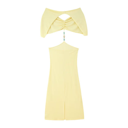 Women Clothing French Simple Sexy Backless Beads Dress