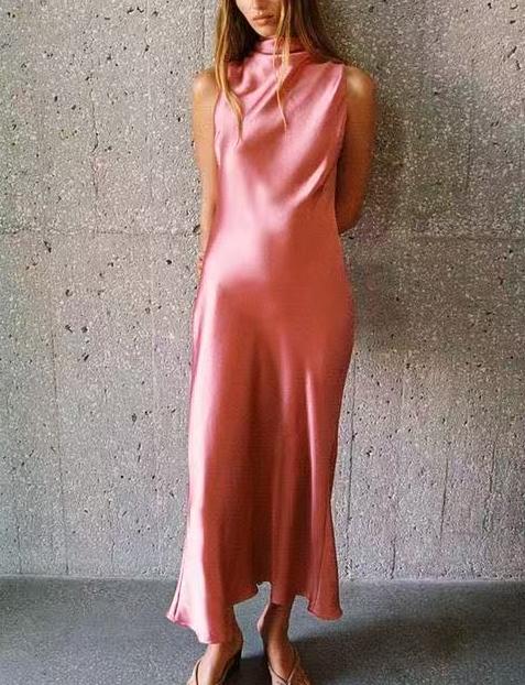 Summer Women Clothing Satin Texture Midi Dress JiaJia