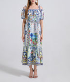 Ladies Printed Sexy Off The Shoulder Lace Up Loose Cinched Waist Dress Short Sleeved Long Dress ESUNG