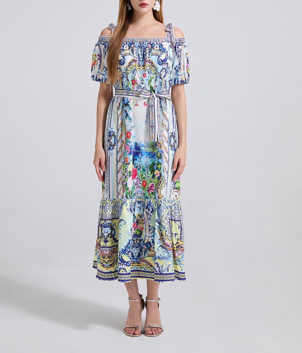Ladies Printed Sexy Off The Shoulder Lace Up Loose Cinched Waist Dress Short Sleeved Long Dress ESUNG