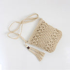 Bolso de paja con borlas y cuentas de madera, bolso cruzado con recortes florales, bolso de paja con borlas, bolso tejido, bolso de playa para vacaciones 