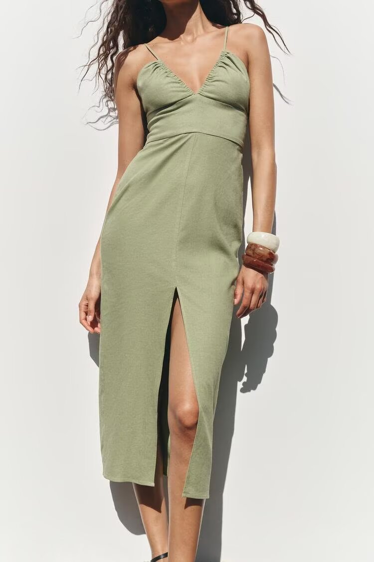 Spring Women Clothing French Design Linen Midi Dress Howe