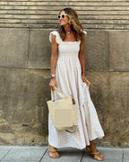 Summer Women Patchwork Plaid Sling Elastic Swing Dress Gemi