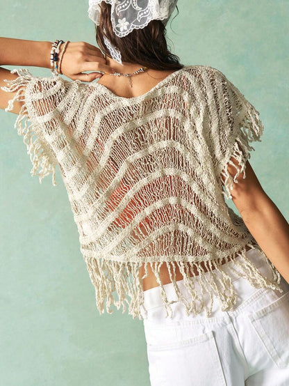 Woomen Crochet Hollowed Out Knitted Tassel Vest Smock Sun Protective Top
