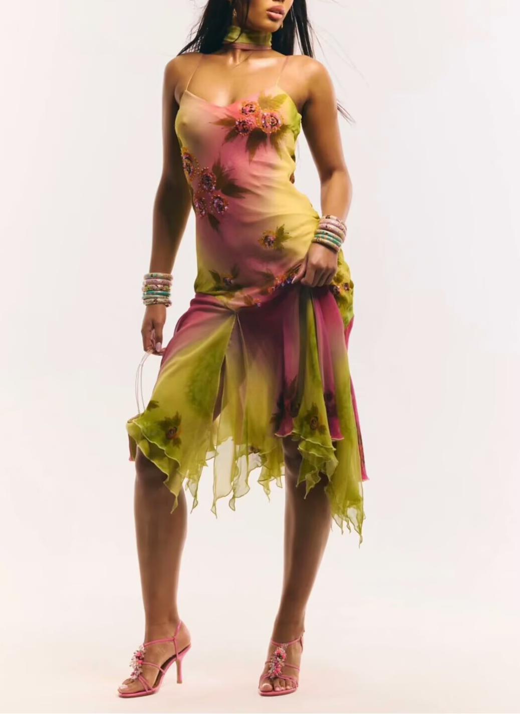 Ruffled Hem Suspender Elegant Embroidered Floral Summer Dress JiaJia