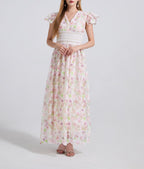 Three Dimensional Cut Out Floral Lace Applique Flutter Sleeves High Waisted Dress Figure Hugging A Line Dress ESUNG