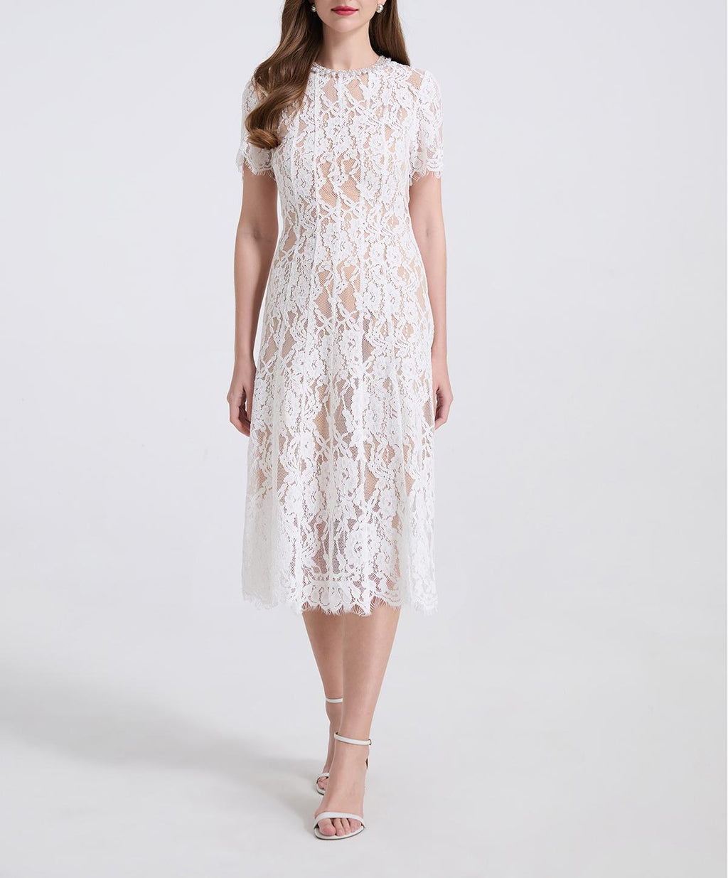 Spring And Summer Elastic Lace Pearl And Diamond Decorated Round Neck Short Sleeve Dress Slim A Line Dress ESUNG