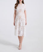Spring And Summer Elastic Lace Pearl And Diamond Decorated Round Neck Short Sleeve Dress Slim A Line Dress ESUNG