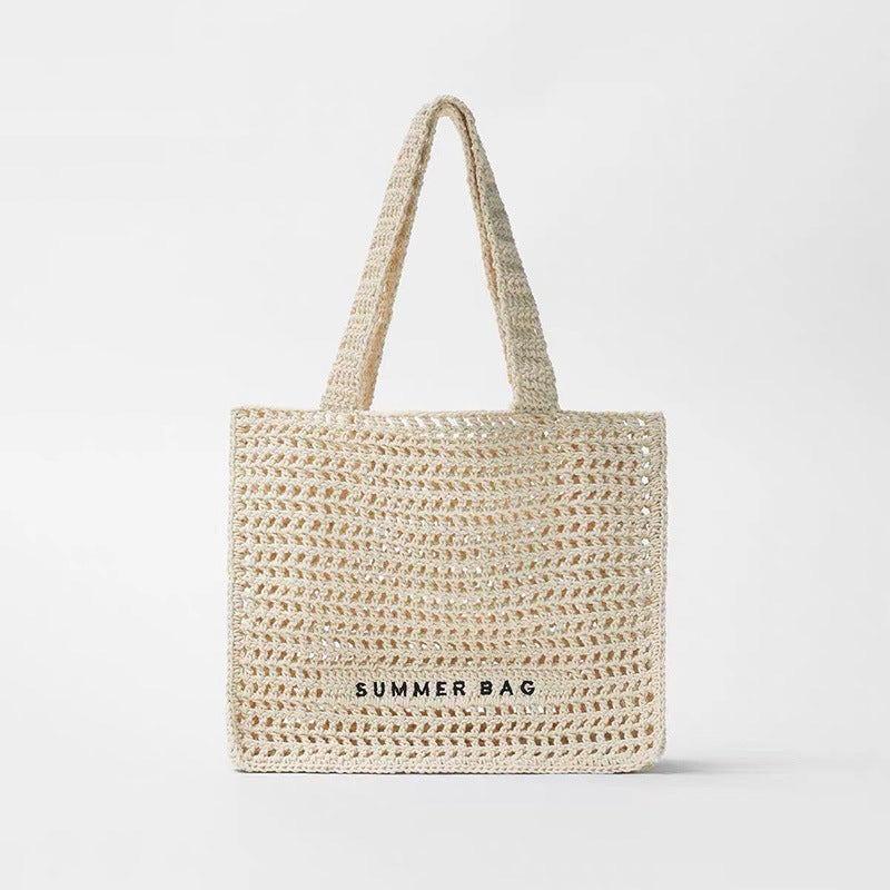 Sac de plage en paille ajourée et découpée, style féerique, à porter à l'épaule, motif lettres, pour femme. 