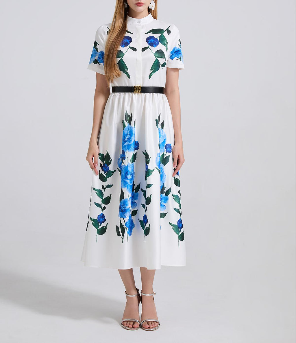 Summer Printed Fitted Dress With High Waist And Short Sleeves A Shaped Dress Comes With A Belt ESUNG