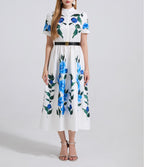 Summer Printed Fitted Dress With High Waist And Short Sleeves A Shaped Dress Comes With A Belt ESUNG