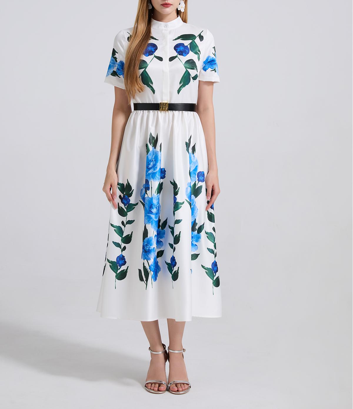 Summer Printed Fitted Dress With High Waist And Short Sleeves A Shaped Dress Comes With A Belt ESUNG