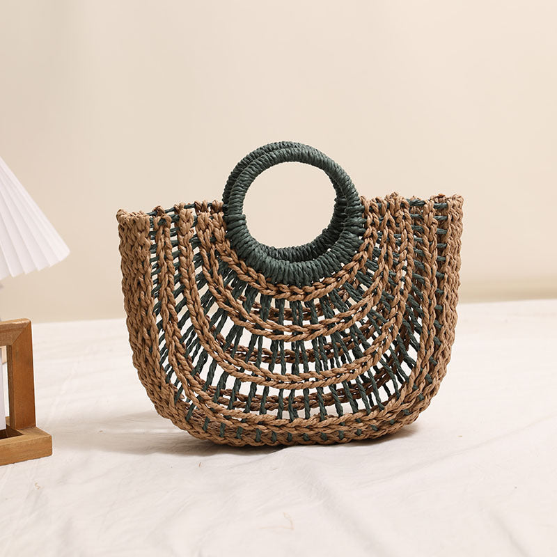 Bolso de paja portátil semicircular ahuecado con asa redonda y color contrastante para mujer, bolso de playa para vacaciones en la playa 