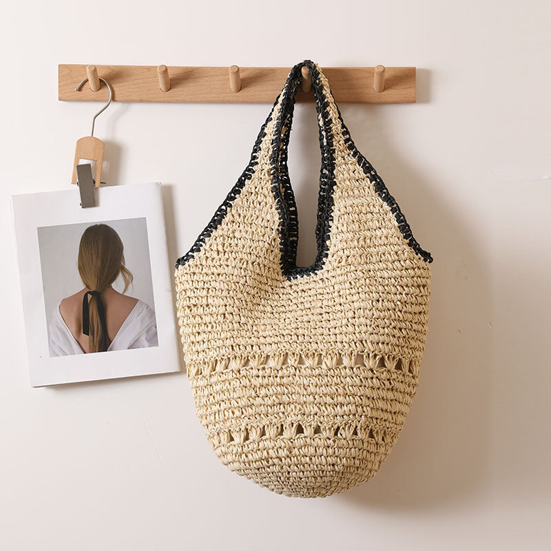 Bolso de paja de gran capacidad con un solo hombro, informal, con recortes, portátil, tejido, para playa y vacaciones en la playa. 