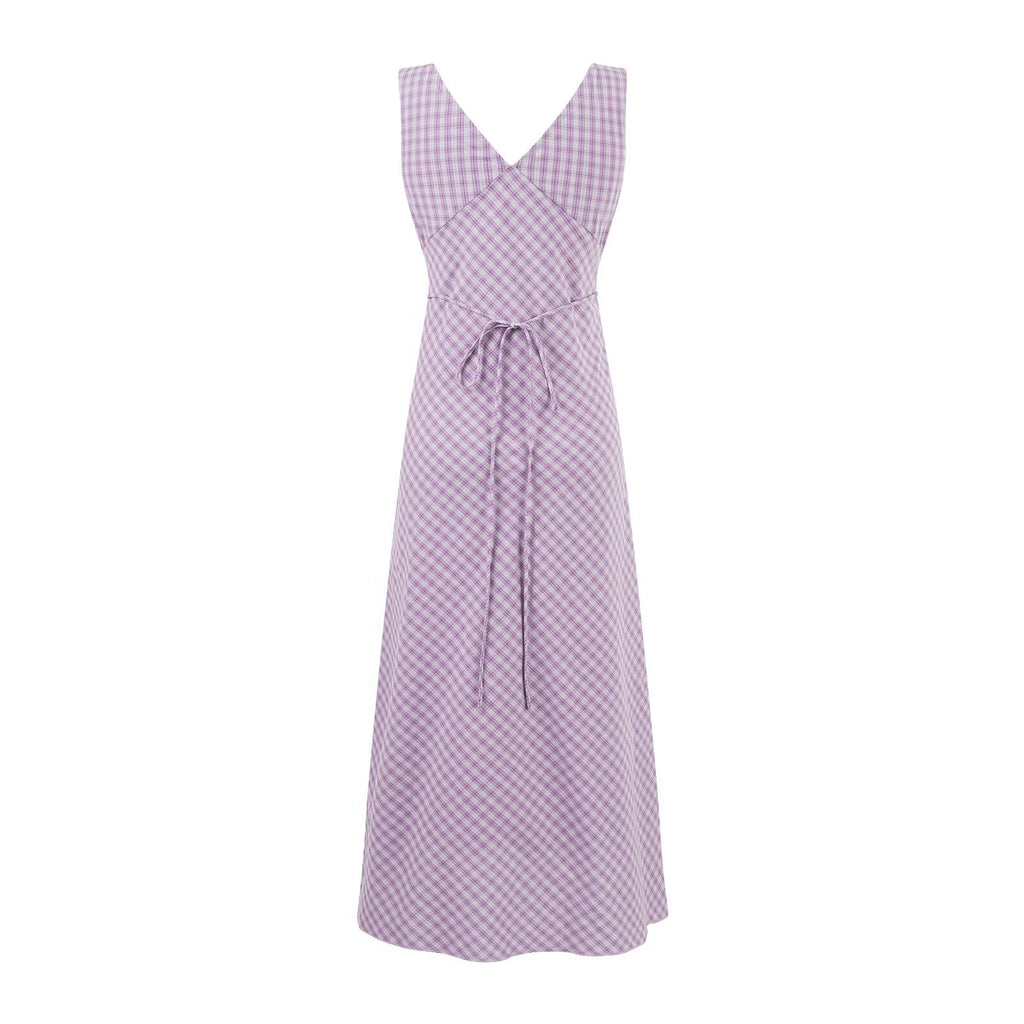 Summer Holiday Casual Purple Pattern V neck Lace up Waist Tight Dress PullWind