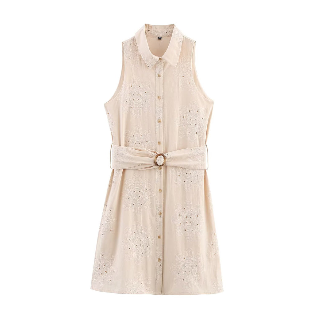 Women Clothing Summer Office Sleeveless Hollow Out Cutout Embroidery Short Dress Howe