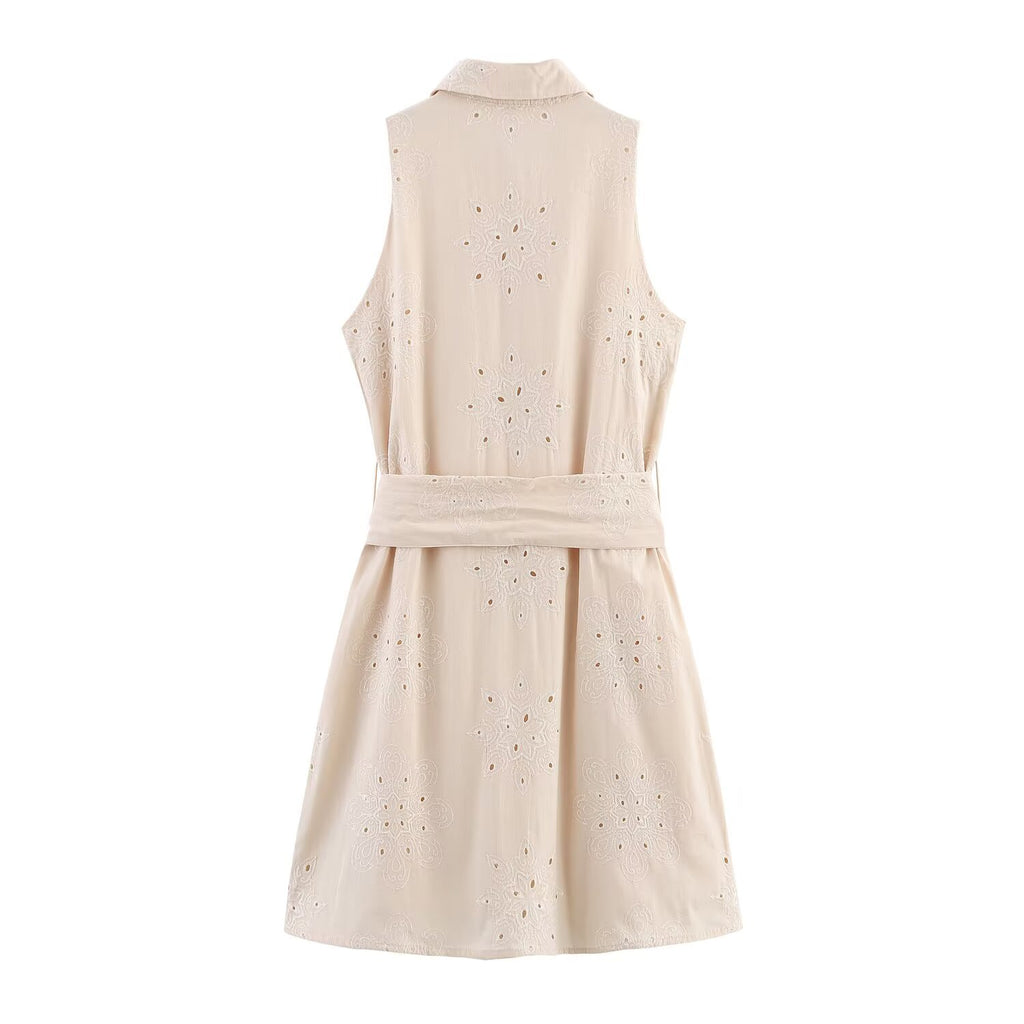 Women Clothing Summer Office Sleeveless Hollow Out Cutout Embroidery Short Dress Howe