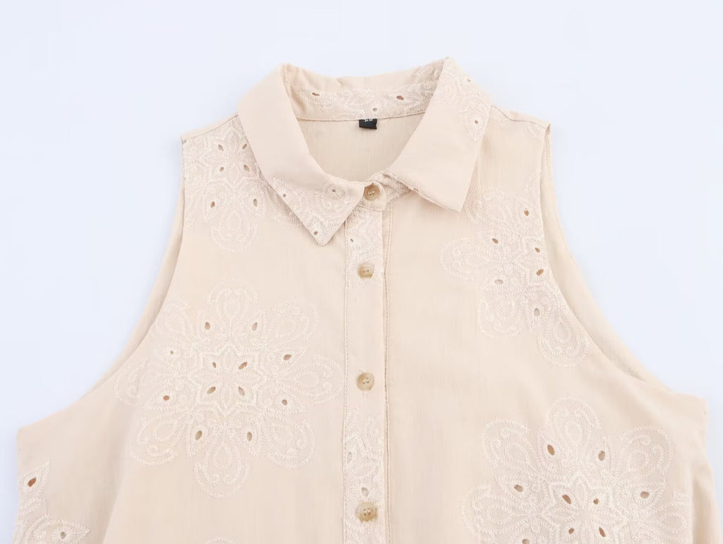 Women Clothing Summer Office Sleeveless Hollow Out Cutout Embroidery Short Dress Howe