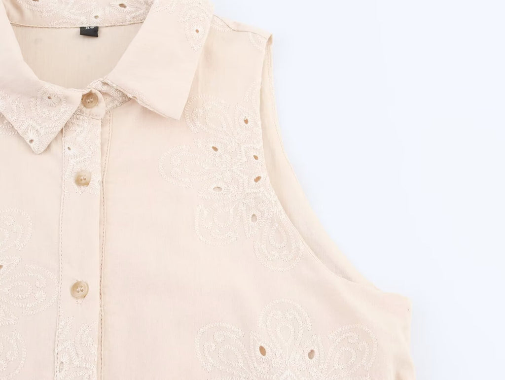 Women Clothing Summer Office Sleeveless Hollow Out Cutout Embroidery Short Dress Howe