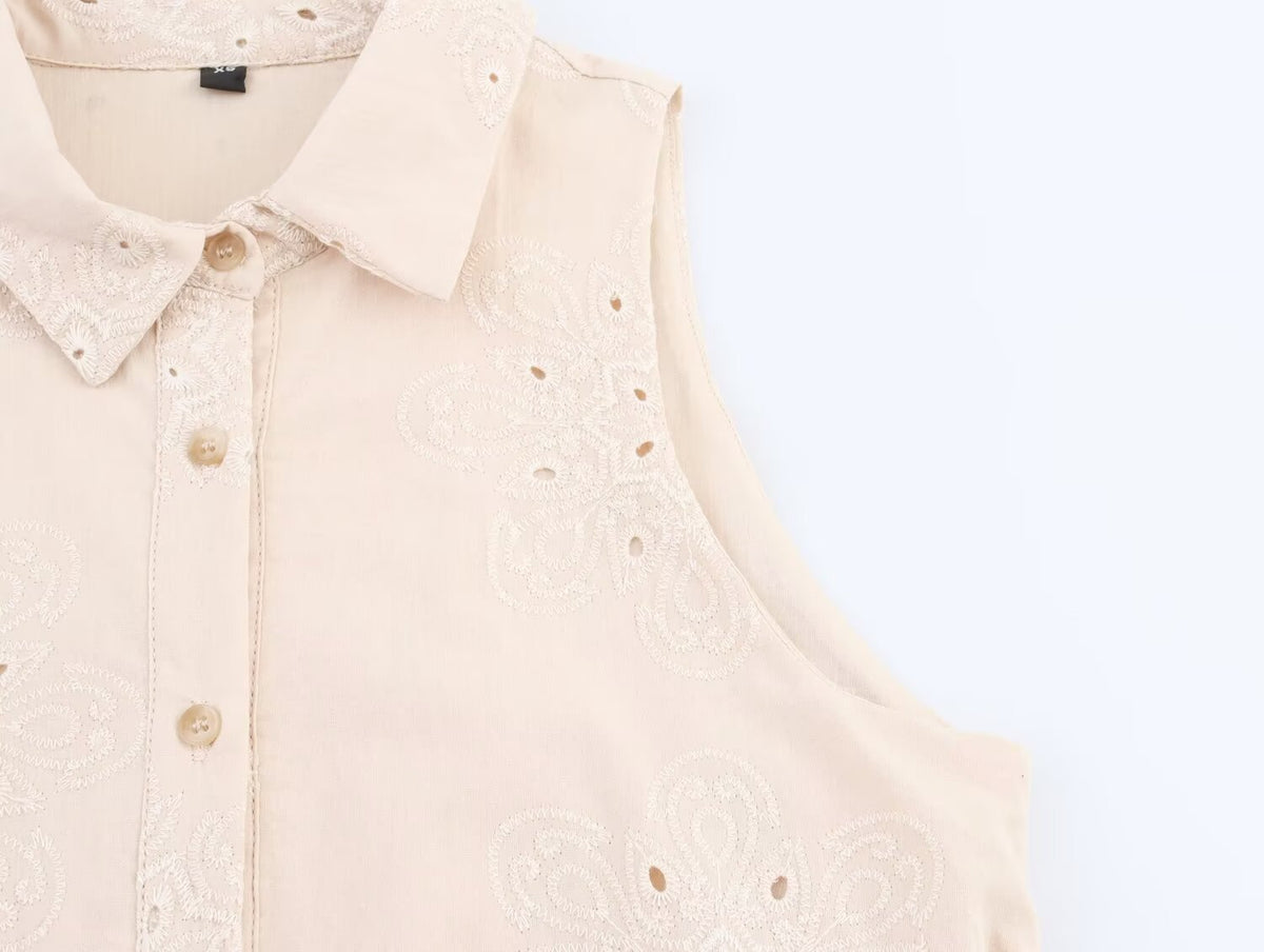 Women Clothing Summer Office Sleeveless Hollow Out Cutout Embroidery Short Dress Howe