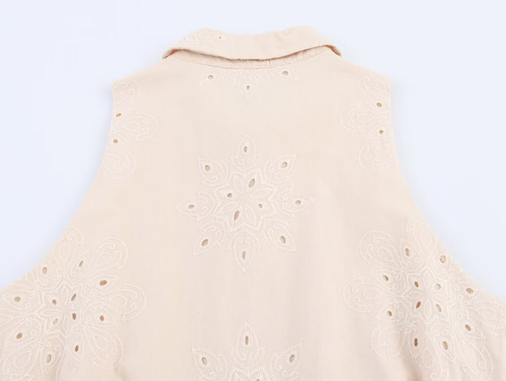 Women Clothing Summer Office Sleeveless Hollow Out Cutout Embroidery Short Dress Howe