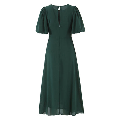 Summer French Vintage Small Floral Print Puff Sleeve Slim Fit Slimming round Neck Dress OMI