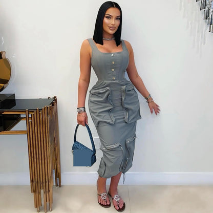 Women Elegant Casual Cargo Large Pocket Vest Dress